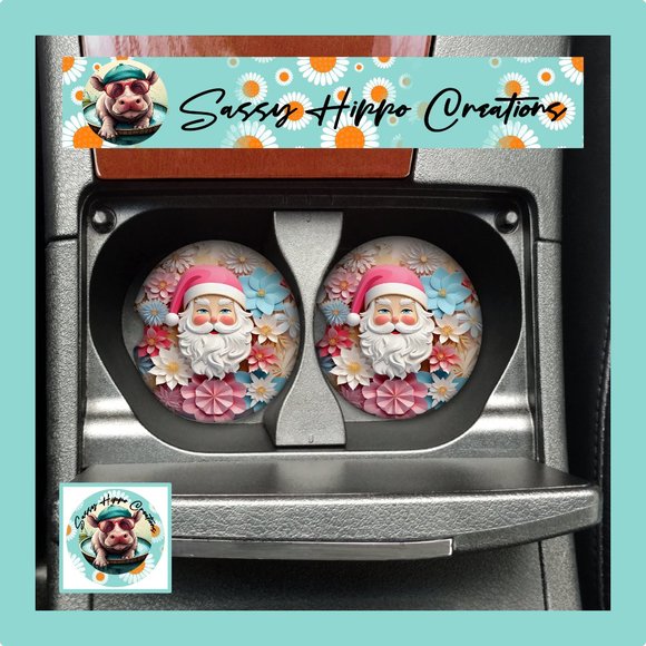 Car Coasters 3D Santa Claus Christmas Holidays Flowers Set of 2 Neoprene Absorb - Picture 1 of 5